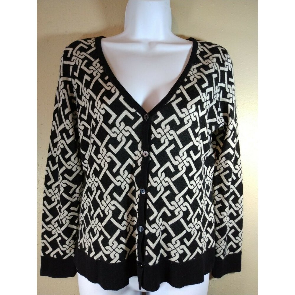 Talbots Black Off-White Geometric Cardigan. Merino Wool. Size Petite Small